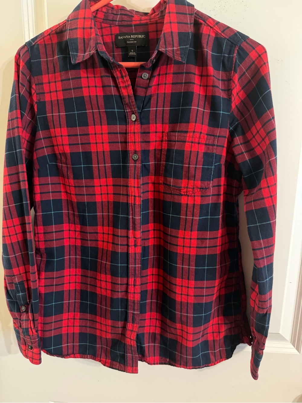 Banana Republic Red and Navy Plaid Button-Down Shirt